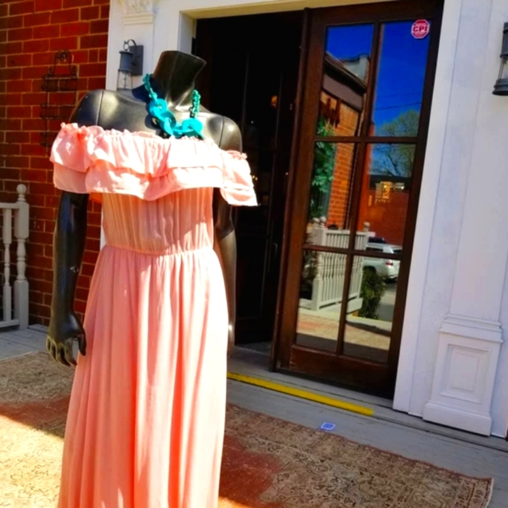 Pretty In Peachy Pink Off-Shoulder Maxi Dress with Ruffles